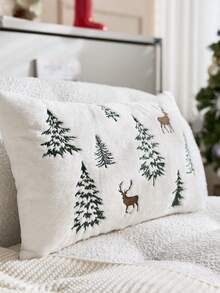 1 pieza Funda de almohada decorativa bordada con reno y árbol de Navidad, adecuada para decoración interior, funda de almohada navideña, sin incluir el relleno de la almohada