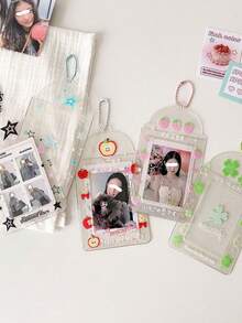 1 件透明四叶草和草莓 3 英寸卡夹，闪光水果卡通偶像卡夹，学生证/公交卡钱包，儿童