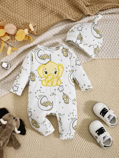 Noworodek, uroczy, kreskówkowy, słonik, haftowany wzór, kopertowy kołnierz, długi rękaw, kombinezon i czapka, lekki na wiosnę/jesień, odpowiedni do noszenia w domu