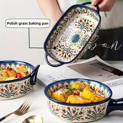 1pc Polish Ceramic Rectangular Baking Dish With Handles, Hand-Painted Floral Design, Multipurpose For Salad/Rice/Cheese Serving In Home Kitchen