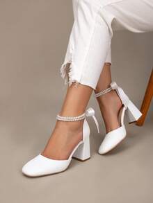 Giày cưới thời trang xuân/thu dành cho nữ, giày cao gót đế dày bằng da mềm đính nơ ngọc trai màu trắng, giày dự tiệc sang trọng - trắng - Xem 2