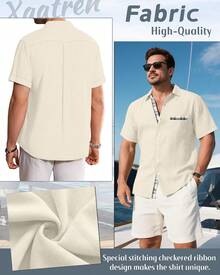 Men's Big And Tall Linen Shirts, Button Down Short Sleeve Summer Shirt Casual Cotton Beach Vacation Tops With Pockethalloween - 黑色 - 查看 8