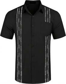 Mens Cuban Guayabera Shirt Short Sleeve Linen Button Down Shirts Casual Summer Beach Topshalloween - 卡其色 - 查看 4