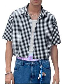 Men's Plaid Shirts Gingham Short Sleeve Button Down Crop Tee Topshalloween - Đã kiểm tra màu xanh - Xem 9