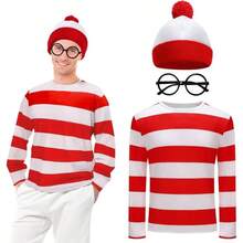 Halloween Costume Accessories Adult Red And White Striped Shirt Hat Glasses Men Cosplay Party Set 200 - 210 Characters