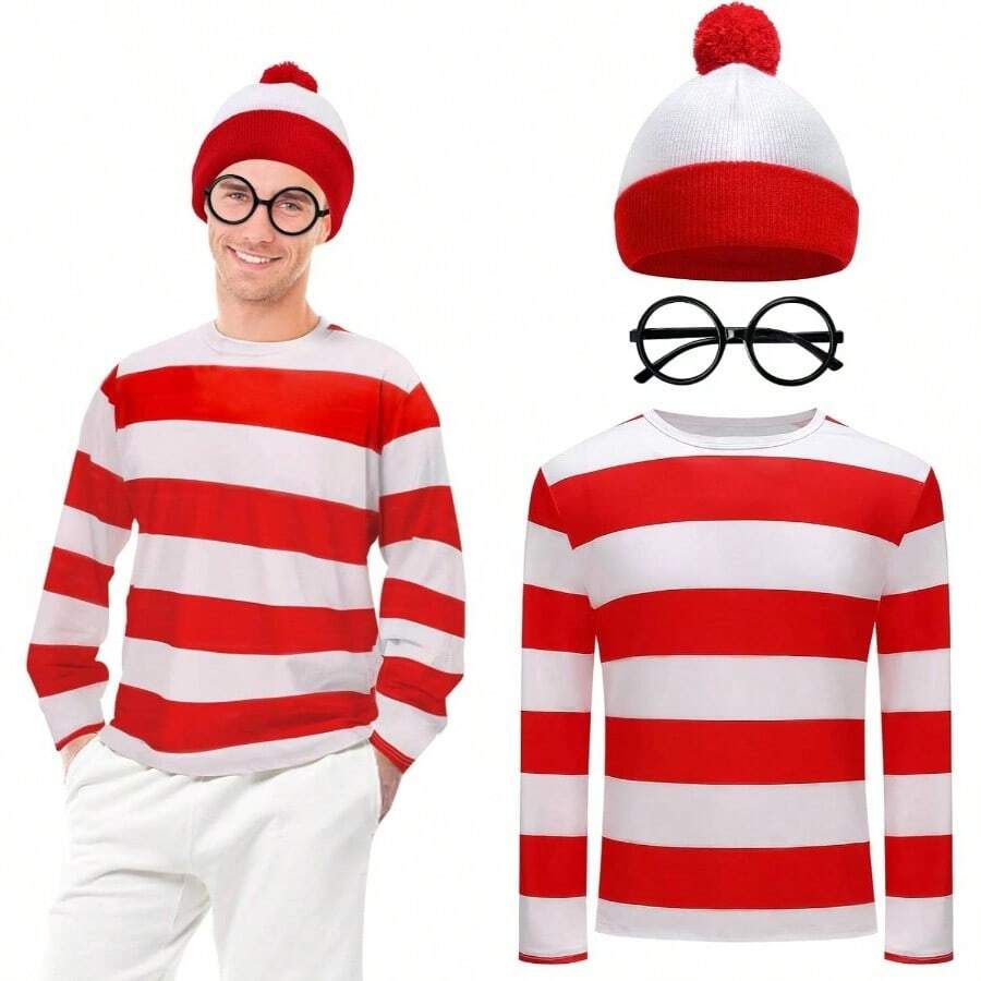 Halloween Costume Accessories Adult Red And White Striped Shirt Hat Glasses Men Cosplay Party Set 200 - 210 Characters