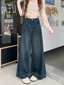复古简约百搭阔腿喇叭牛仔裤，宽松直筒全长裤 - 深色水洗藍 - 查看 2