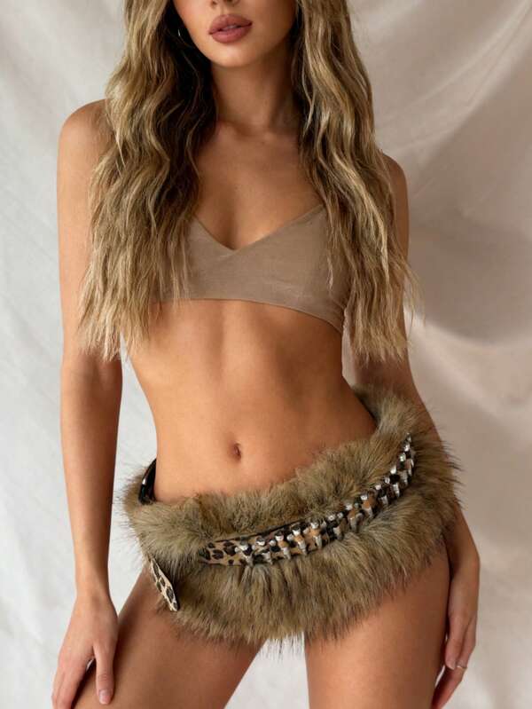 1 pièce Ceinture en fausse fourrure de balle noire/léopard pour femmes grandes tailles, style punk rock gothique métal lourd, affinante pour la taille, les hanches et les cuisses