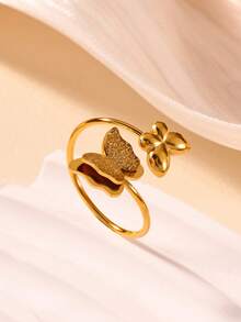 18K Gold Plated Stainless Steel Matte Butterfly Open Ring, Jewelry Gift For Wedding, Mother's Day, Birthday, Suitable For Mom/Best Friend - Shining Butterfly - View 5