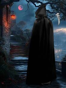 5-Piece Halloween Grim Reaper Costume, Adult Halloween Death Costume With Black Hooded Cloak, Skull Mask, Luminous Glasses, Skeleton Gloves And Death Scythe, For Halloween Cosplay Costumes - 黑色 - 查看 4