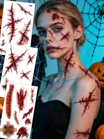 3 个万圣节僵尸疤痕临时纹身，假血迹伤口缝合疤痕身体脸部防水纹身贴纸化妆舞会恶作剧化妆道具