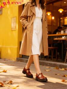 Women's Round Head Thick Bottom Chunky Heel Single Shoes T Buckle Strap Mary Jane Women's Shoes - 棕色 - 查看 1