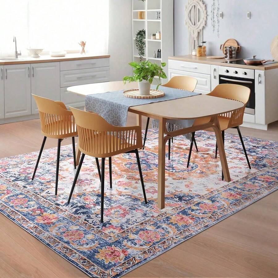 Vintage Floral Low Pile Rug - Machine Washable Foldable Carpet, Soft Non-Slip Area Rugs For Living Room, Bedroom & Dining Room - Màu xanh lam - Xem 1