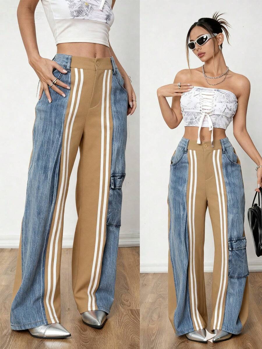 Éxito Total! Pantalones Anchos de Mezcla Rojo y Vaquero, Estilo Cargo con Rayas de Contraste - Caqui - Ver 1