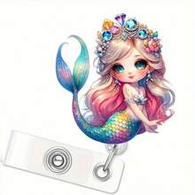 بكرة شارة أكريليك مسطحة 2D بشكل حورية البحر - حامل بطاقة هوية قابل للسحب مع سلسلة معدنية قابلة للتمديد 2D لامعة، مناسبة للمكتب والمستشفى والمدرسة والاستخدام الخارجي. مثالية كإكسسوار زخرفي أو هدية للموظفين/الممرضات/المعلمين/المتطوعين في ملابس العمل | هدية عيد