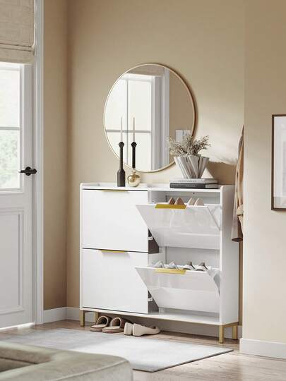 SoBuy Shoe Cabinet Narrow High - Shoe Tipper With 4 Flaps Shoe Rack With 4 Shelves Narrow Shoe Cabinet For Hallway Space For 8-12 Pairs Of Shoes White 100x19x90 Cm