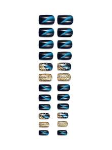 24 pezzi di unghie finte quadrate corte, di colore blu scuro, con glitter dorati e motivi a stelle bianche