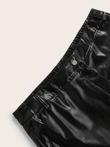 Plus Size Solid Color PU Leather Pocket Button Zipper Women Casual Wear, Autumn/Winter