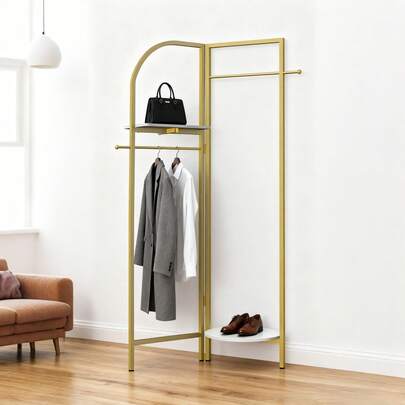 UNHO Heavy Duty Clothes Rack Modern Simple Golden Rail Open Wardrobe Metal Stand With Marble Storage Tier