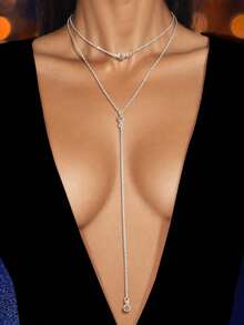 1pc Y-Shaped Double Layer Silver Chain Long Pendant Necklace, Jewelry For Party, Social Gathering - Silver - View 6