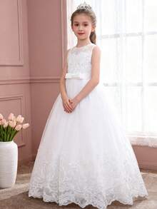 Girls White Lace Flower Girl Dress, Children Wedding Bridesmaid Birthday Party Holiday Formal Gown, Princess Prom Dress, Graduation, Christmas