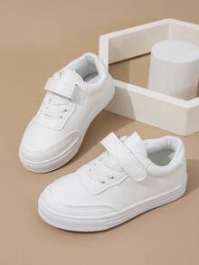 1 par de nuevos tenis blancos de moda 2025 para niños, suela suave, superficie suave, parte superior de cuero antideslizante, zapatos casuales para niños y niñas, transpirables, adecuados para jardín de infantes, estudiantes de primaria, tenis blancos duraderos y antideslizantes - Blanco - Ver 6