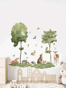 Cartoon Fox, Hedgehog, Pine Tree Wall Decals, Decorative Wall Stickers For Kids Room, Nursery, PVC Removable Wall Arts, Posters, Animals