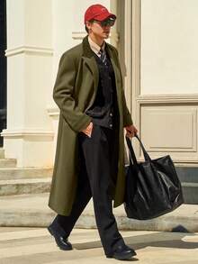 Mens Full Length Trench Coat Notched Lapel Long Jacket Double Breasted Classic Winter Overcoathalloween - 酒紅色 - 查看 10