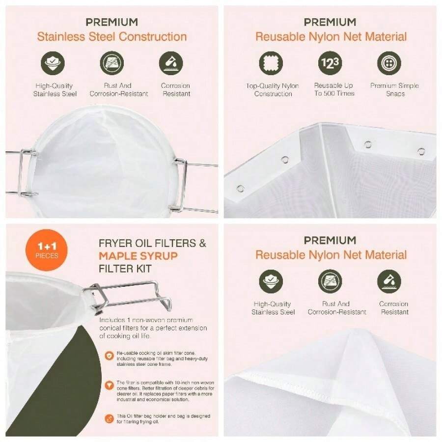 1 bolsa de filtro de cono reutilizable de 10 pulgadas para frer aceite u2013 con bolsa de filtro de aceite de freidora, soporte de filtro de aceite de cocina, soporte de filtro de cono de jarabe de arce - Blanco - Ver 1
