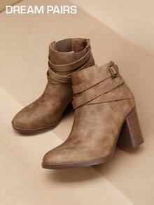 Chunky High Heel Ankle Boots Close Toe Fall Heeled Booties Shoes - Cà phê nâu - Xem 3