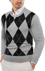 Men's Crew Neck Sweater Slim Fit Lightweight Sweatshirts Knitted Pullover For Casual Or Dressy Wear - 灰色菱形花紋 - 查看 8