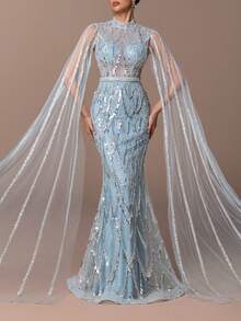Women's Luxury High-Neck Transparent Tulle Gown – Sequin Embroidery & Beads Accents, Slim-Fit Fish-Tail Silhouette With Tulle Cape & Back Zipper – Perfect For Weddings, Evening Dinners, Red-Carpet Events & Award Ceremonies New Year Outfit - Baby Blue - View 1