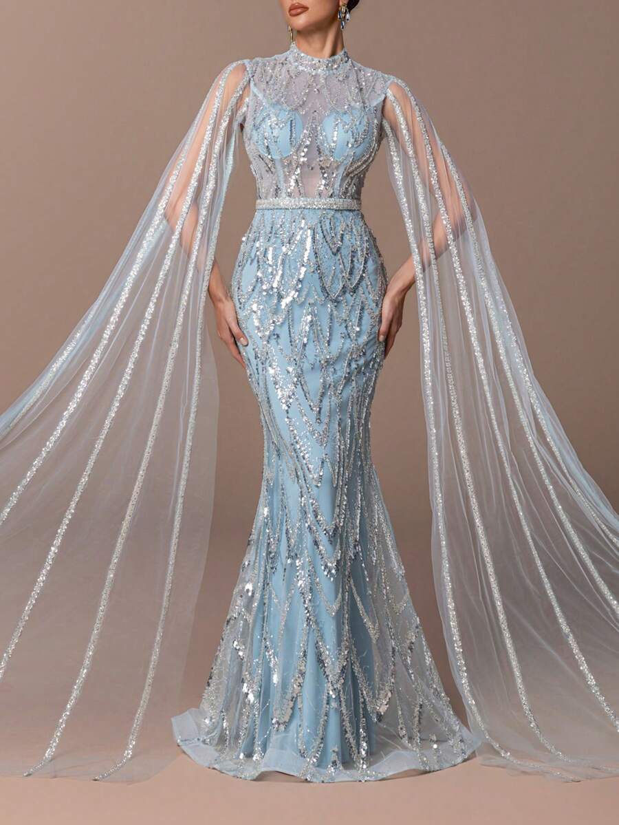 Women's Luxury High-Neck Transparent Tulle Gown – Sequin Embroidery & Beads Accents, Slim-Fit Fish-Tail Silhouette With Tulle Cape & Back Zipper – Perfect For Weddings, Evening Dinners, Red-Carpet Events & Award Ceremonies New Year Outfit - Baby Blue - View 1