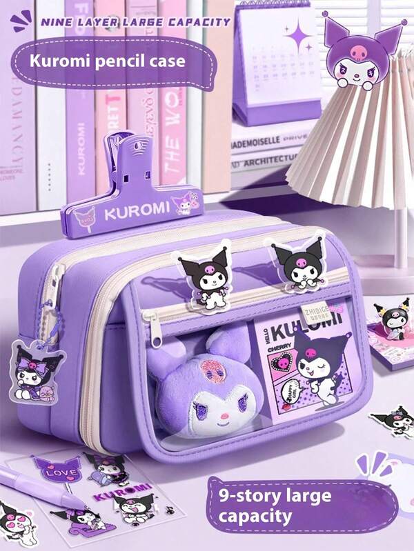 Sanrio 1pc Sanrio Kuromi Pencil Case, Large Capacity 9-Layer Cartoon Design Zipper Stationery Storage Bag, Suitable For School And Office Supplies, Cute Character Design For Girls And Boys, School Stationery Storage Box, Gifts For Family And Friends