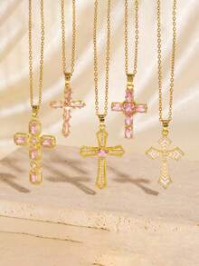 1pc Fashionable European & American Style Cross Pendant Necklace, Stainless Steel Chain Delicate Choker Necklace, Gold Chain, Cute Pink Zirconia Inlaid, Personalized Creative Everyday Wear, Holiday Party Gift