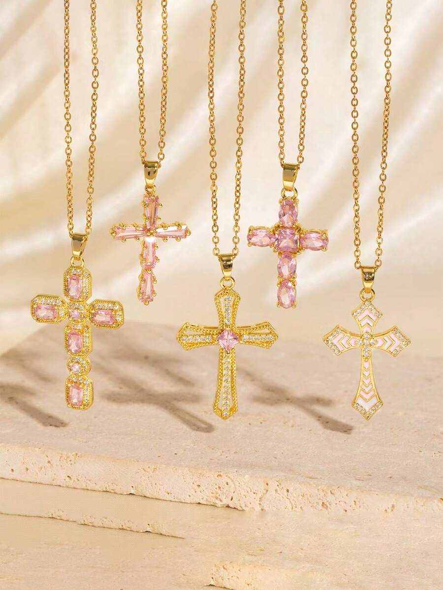 1pc Fashionable European & American Style Cross Pendant Necklace, Stainless Steel Chain Delicate Choker Necklace, Gold Chain, Cute Pink Zirconia Inlaid, Personalized Creative Everyday Wear, Holiday Party Gift