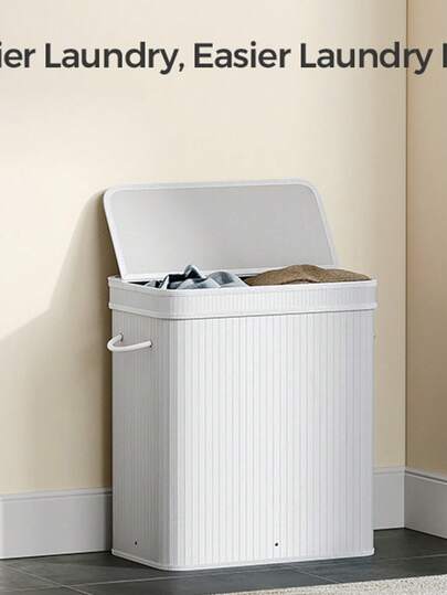 Laundry Hamper With Lid, 100 L, Bamboo Laundry Basket, Removable Machine Washable Hamper Basket, With Handles, For Laundry Room, Bedroom, Washroom, Natural/White Laundry Baskets Back To School Travel Essentials Room Decor, Home Decor, Bedroom Decor Storage Organization And Storage