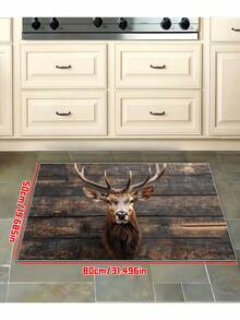1 covor rustic cu cap de cerb, fabricat din poliester, fundal din lemn, preș de ușă în stil natural, lavabil la mașină, decor pentru casă și bucătărie, cadou excelent de Crăciun