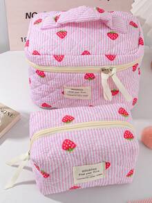 Strawberry Pattern Cosmetic Bag Large Capacity Make Up Bag Fashionable Strawberry Striped Makeup Bag Cute Quilted Floral Cosmetic Pouch Toiletry Bag - Multicolor - View 12