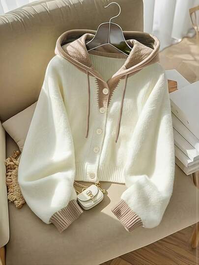 女士撞色纽扣连帽针织开衫，秋冬季休闲长袖套头衫，女士日常针织衫