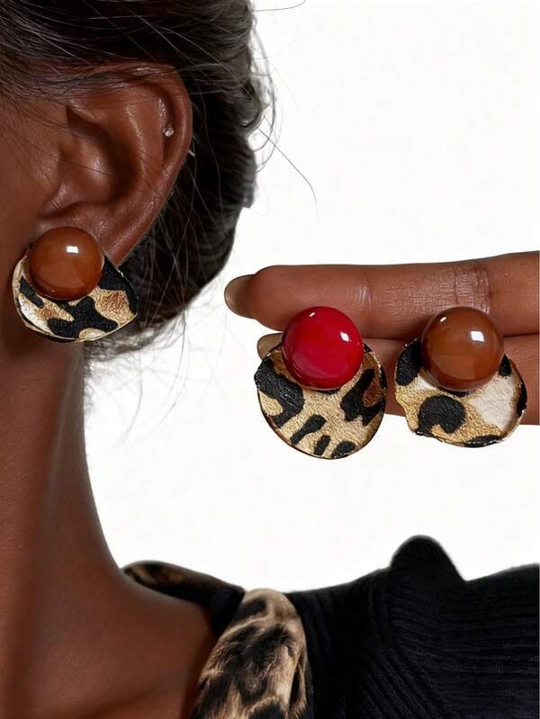 2pcs Vintage Colorblock Pearl Leopard Print Earrings, Unique & Elegant Earrings For Women, Suitable For Vacation, Party, Best Gift For Girlfriend Or Mother