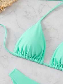 Swim Vcay Summer Beach Women Solid Halter Neck Bikini Top And 2 Triangle Bikini Bottoms Swimwear Set, 3 Pieces - màu xanh lá - Xem 4