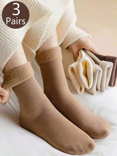 1/3/5 Pairs Of Women's Earth Color Snow Socks, Autumn And Winter Vertical Mid-Tube Socks, Fluffy Socks, And Warm Floor Socks With Wool Thickening, Suitable For Everyday Wear And Various Occasions,Random Color