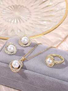 Elegant & Shiny Pearl Jewelry Set Rhinestone-Encrusted Wire-Wrapped Design, 3 Pieces Set (Necklace + Earrings + Ring) For Sophisticated Style - 黃金 - 查看 2