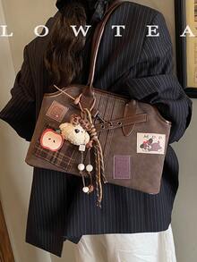 low tea 1 件纯色绒面革女士单肩包，复古时尚休闲单肩包，双手柄和拉链开合，适合日常外出、约会、通勤，配有吊坠 - 咖啡 - 查看 2