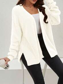 纯色宽松休闲开衫，侧开衩，春秋季 - 白色 - 查看 1