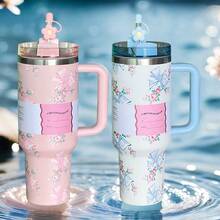[Premium Tumbler] 40-Ounce Stainless Steel Tumbler With A Handle | Featuring Double-Wall Vacuum Insulation, Premium Multi-Colored Portable Water Bottle | Perfect For Travel, Outdoor Camping, Hiking, Driving, And Enjoying Iced Coffee - 淺粉紅色蝴蝶 - 查看 3