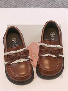 1 Pair Brown Bow Cute Fashionable Pearl Design Faux Leather + Massage Pad Bottom Soft Non-Slip Flat Baby/Toddler Shoes, Suitable For Spring, Summer, Autumn And Winter - Brown - View 2