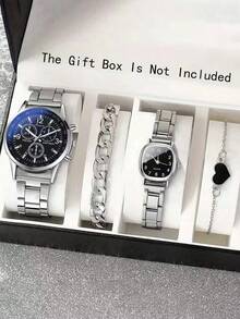 4 件时尚休闲圆形中性情侣手表配钢带石英表 + 简约手链组合套装，情侣礼品套装 - 銀色 - 查看 1