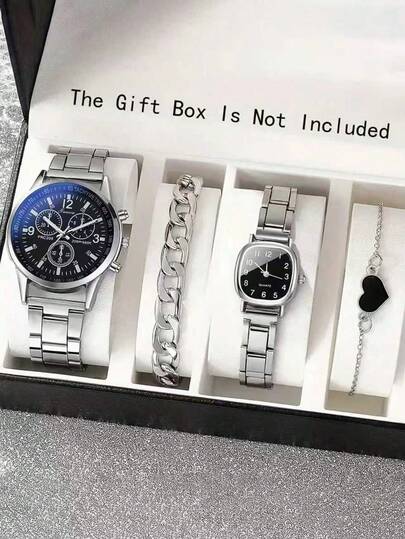 4 قطع ساعات كوابل عصرية كاجوال دائرية يدوية للرجال والنساء مع سوار من الصلب بحركة كوارتز + مجموعة مزدوجة مع سوار بسيط، طقم هدية للأزواج